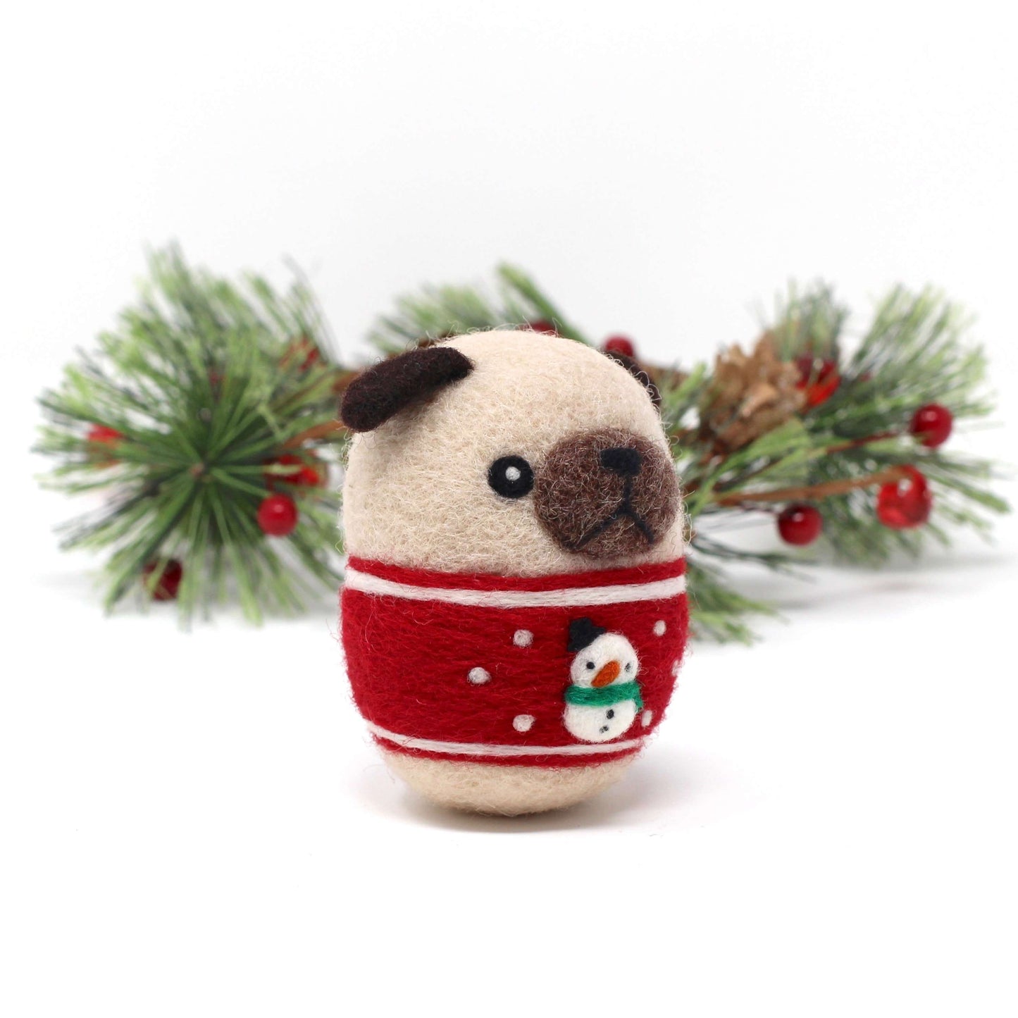 Needle Felted Pug in Red Snowman Christmas Sweater