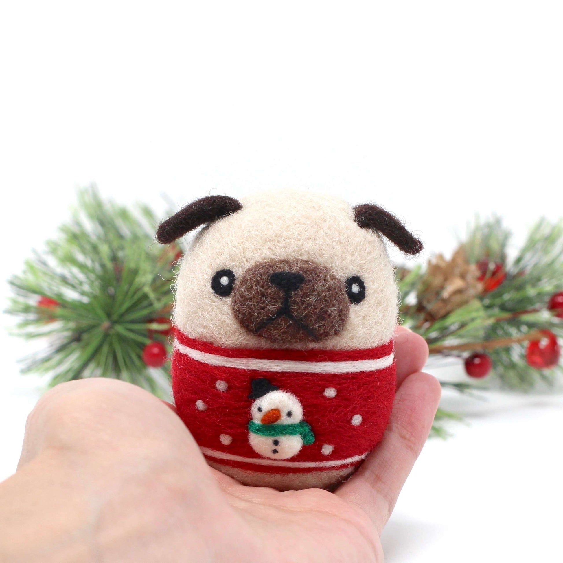 Needle Felted Pug in Red Snowman Christmas Sweater