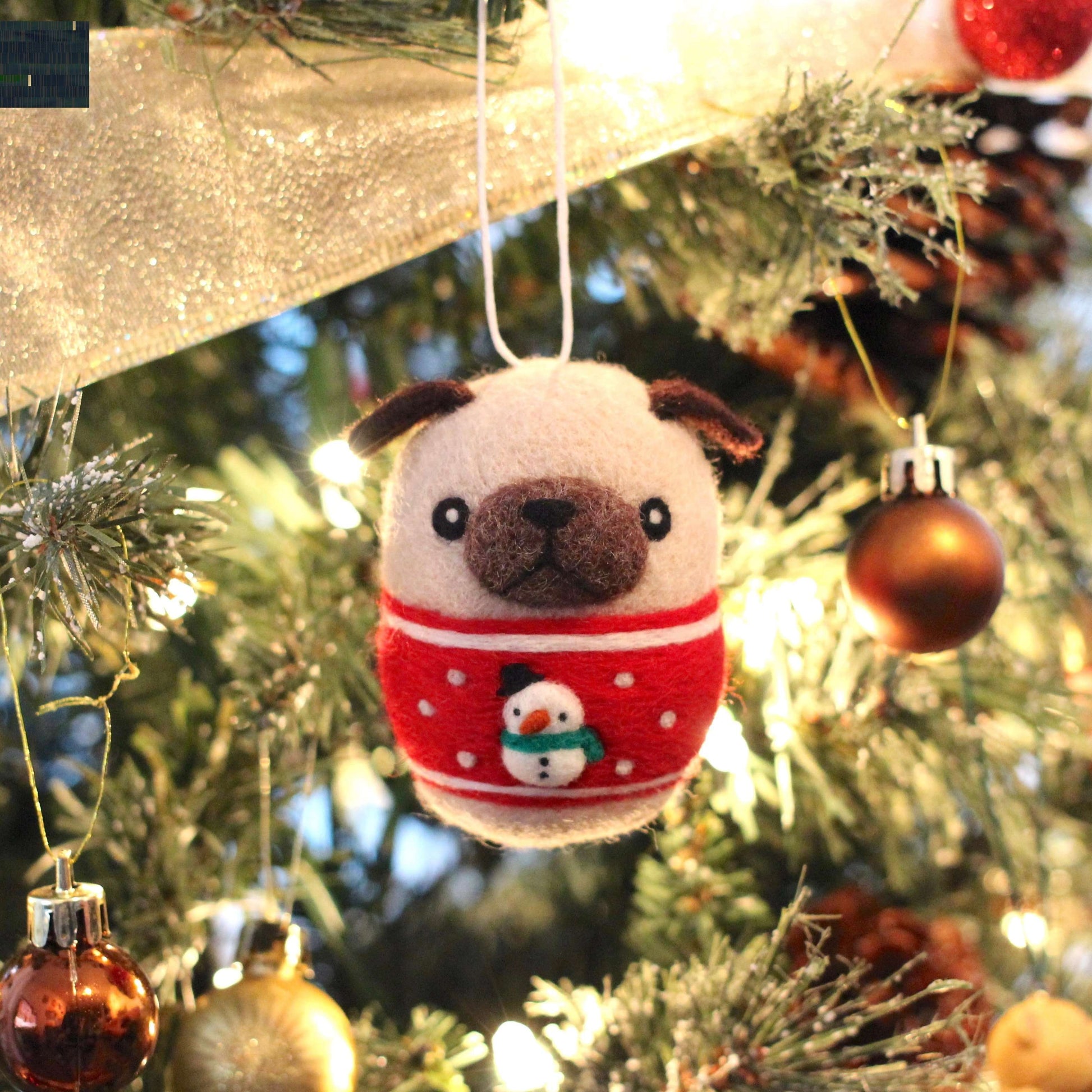 Needle Felted Pug in Red Snowman Christmas Sweater
