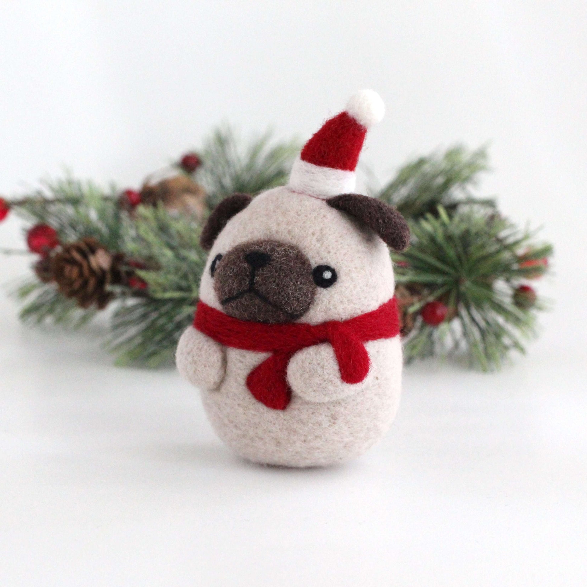 Needle Felted Pug with Santa Hat