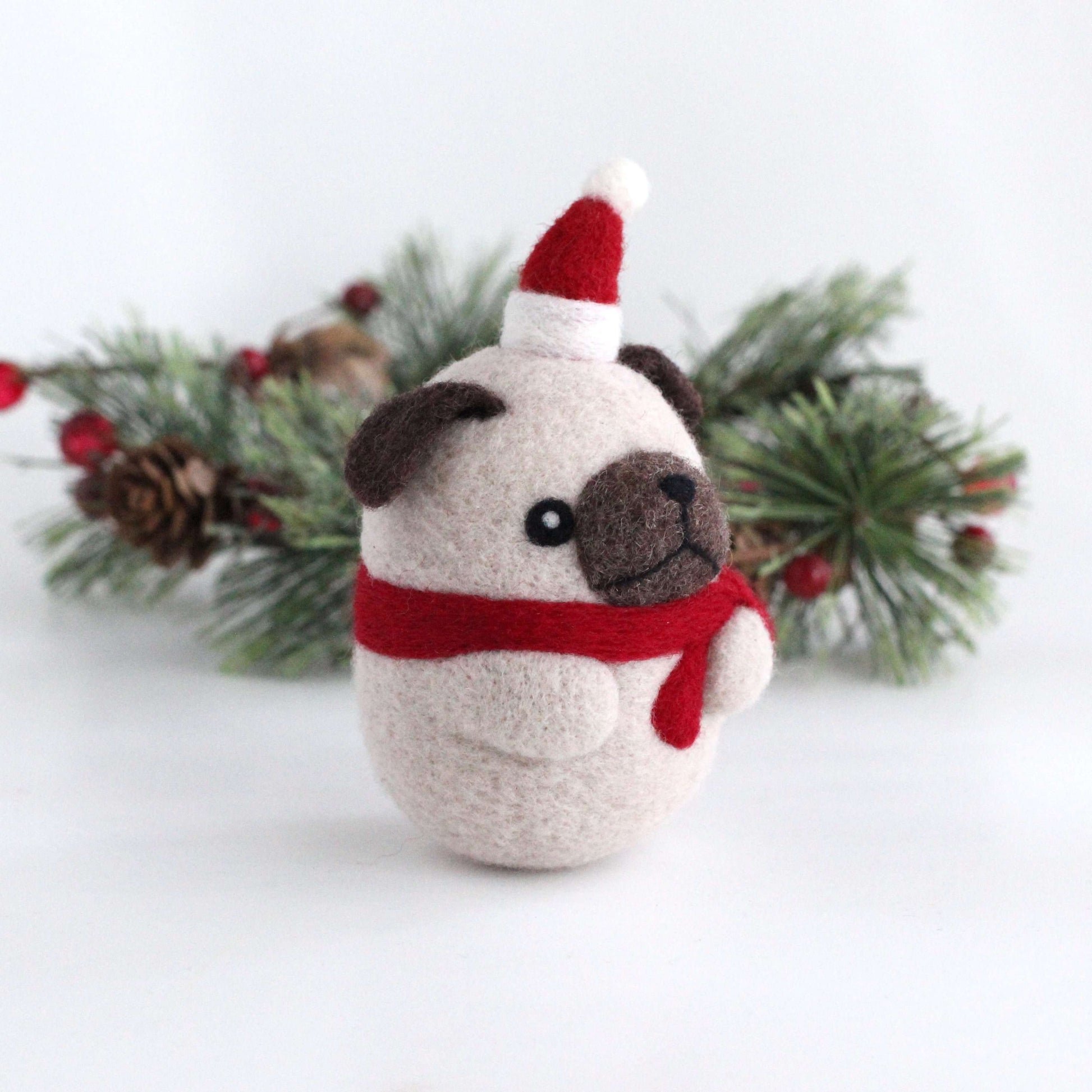 Needle Felted Pug with Santa Hat