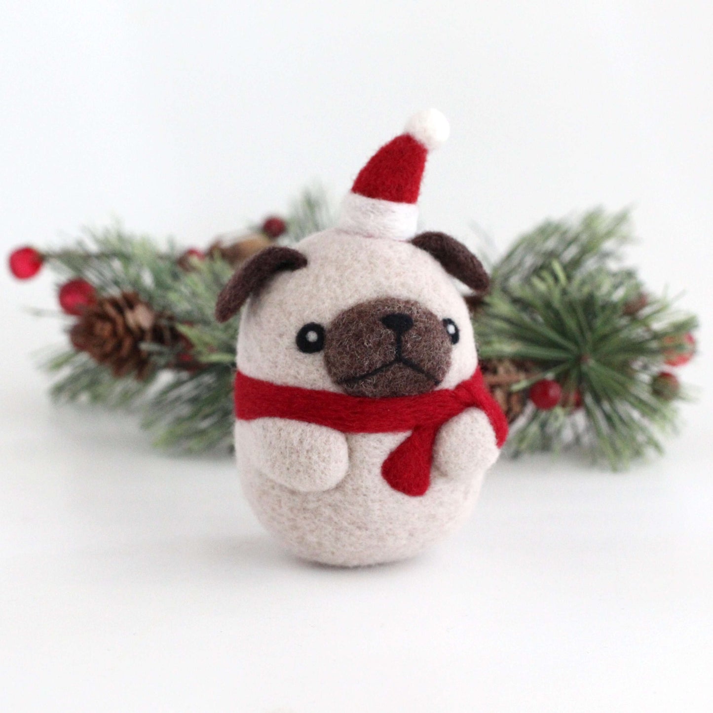 Needle Felted Pug with Santa Hat
