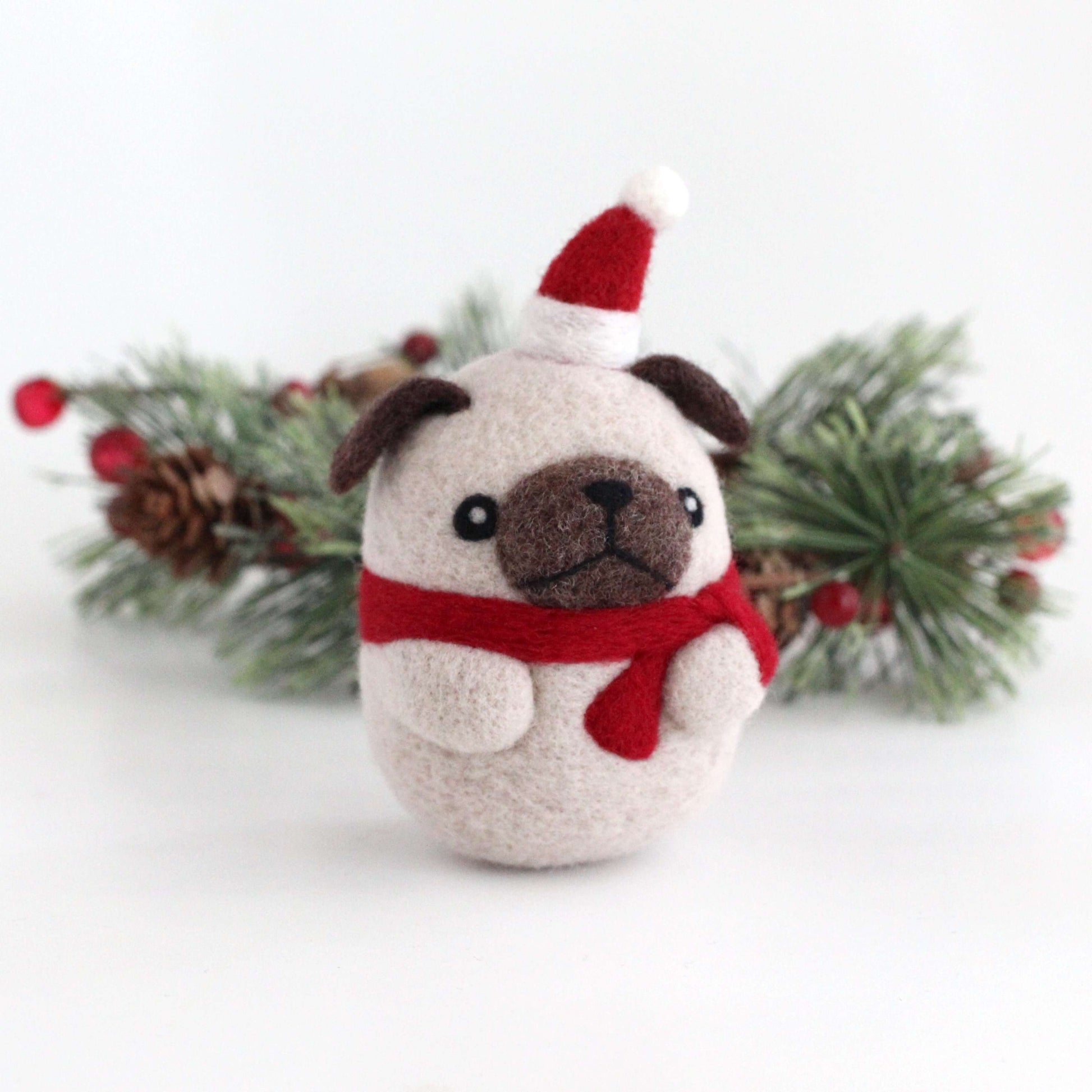 Needle Felted Pug with Santa Hat