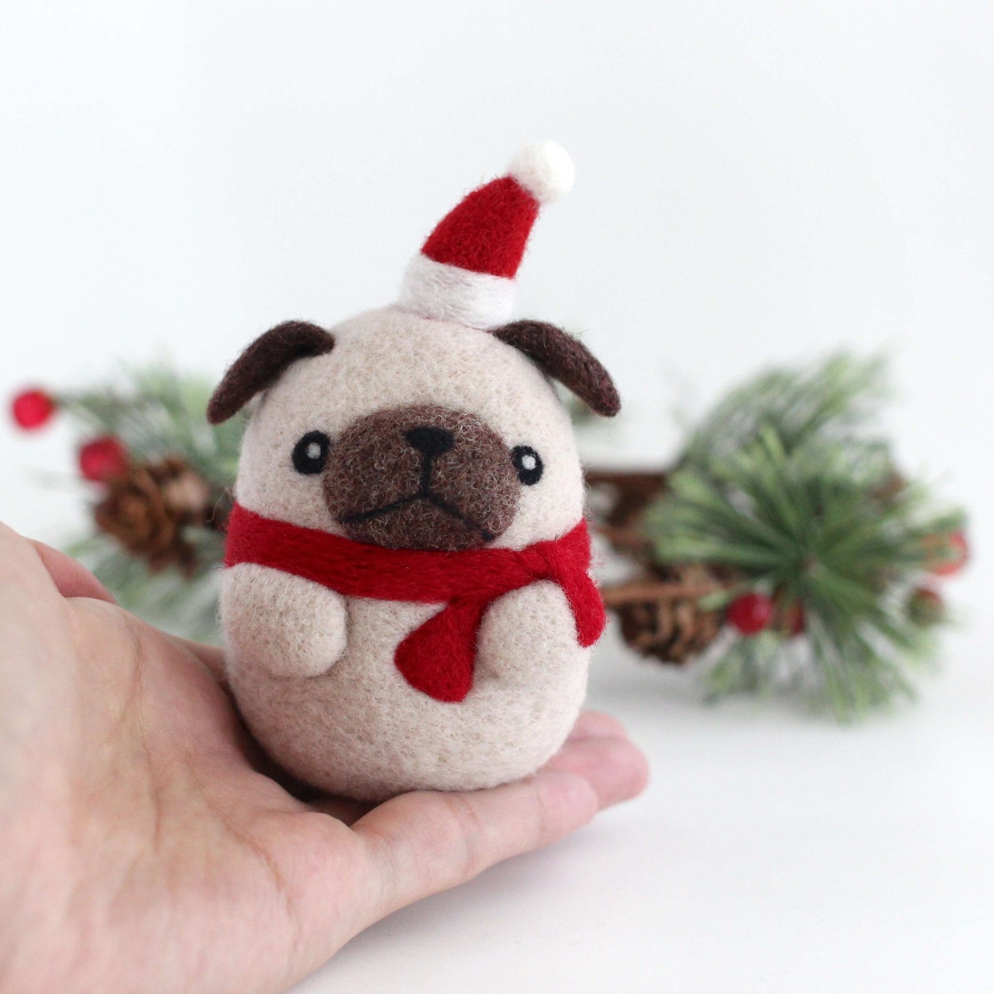 Needle Felted Pug with Santa Hat