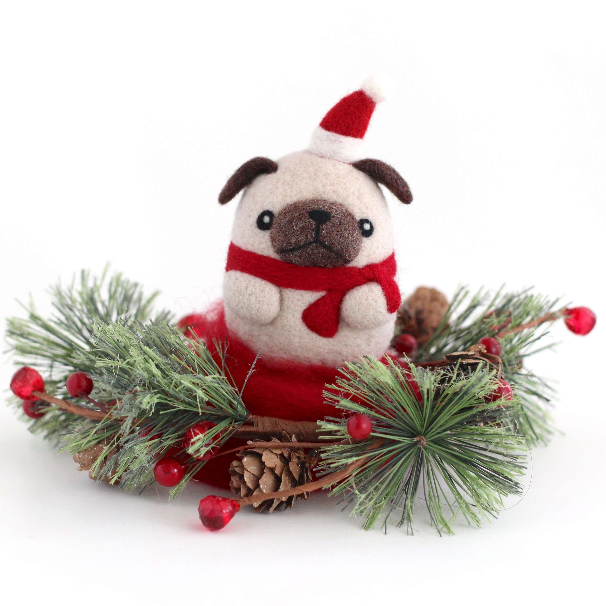 Needle Felted Pug with Santa Hat