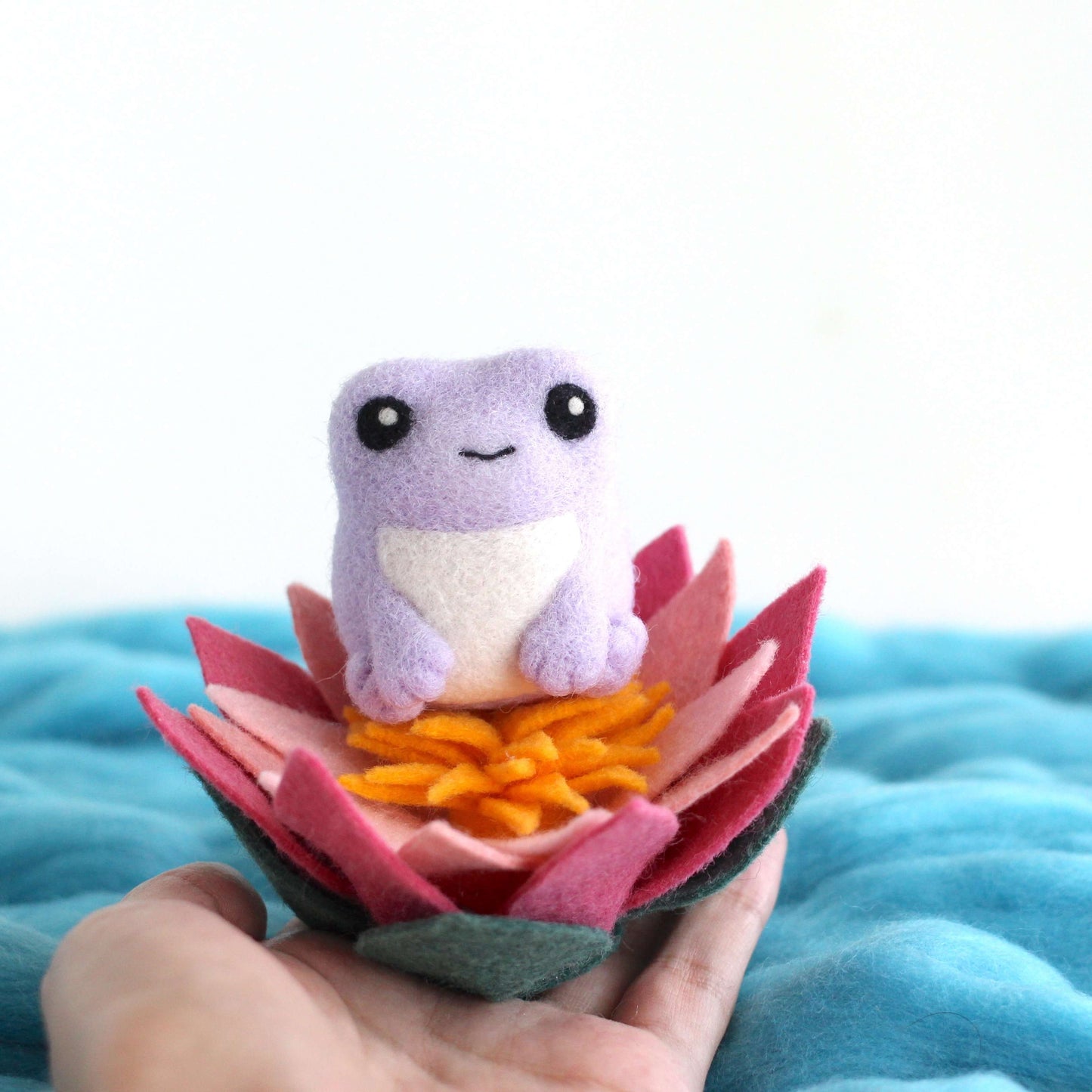 Needle Felted Purple Frog with Lotus Flower