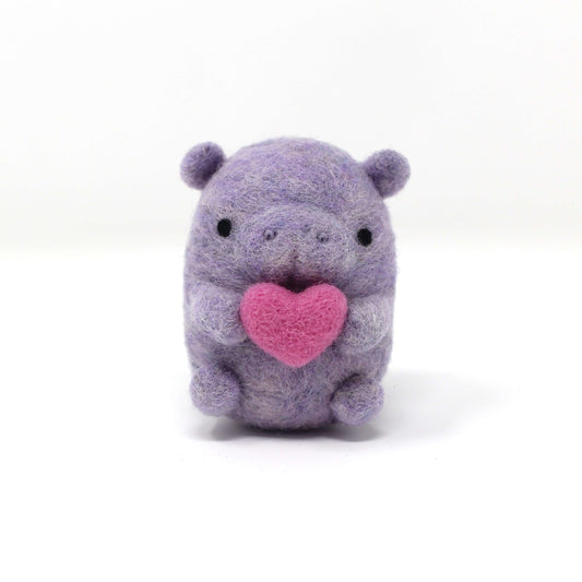 Needle Felted Purple Hippo holding Heart (Pink)