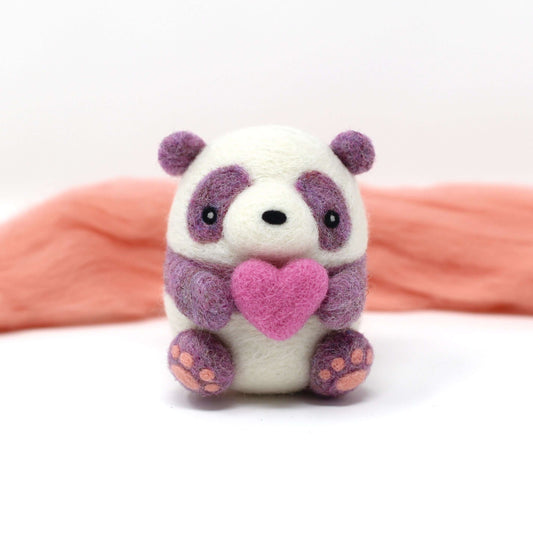 Needle Felted Purple Panda holding Heart (Pink)