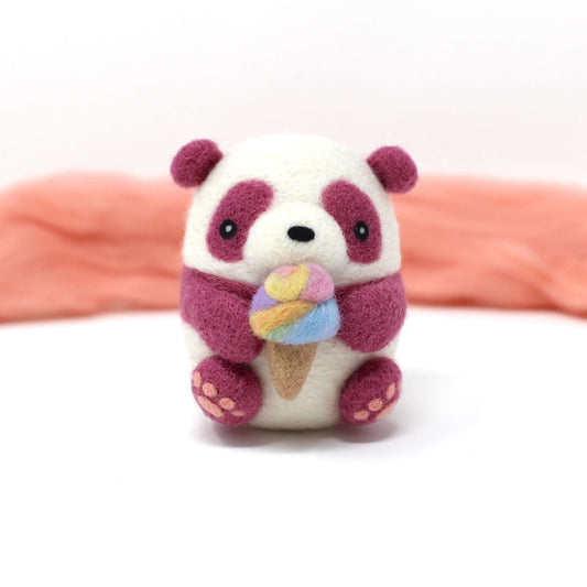 Needle Felted Purple Panda holding Ice Cream (Rainbow)