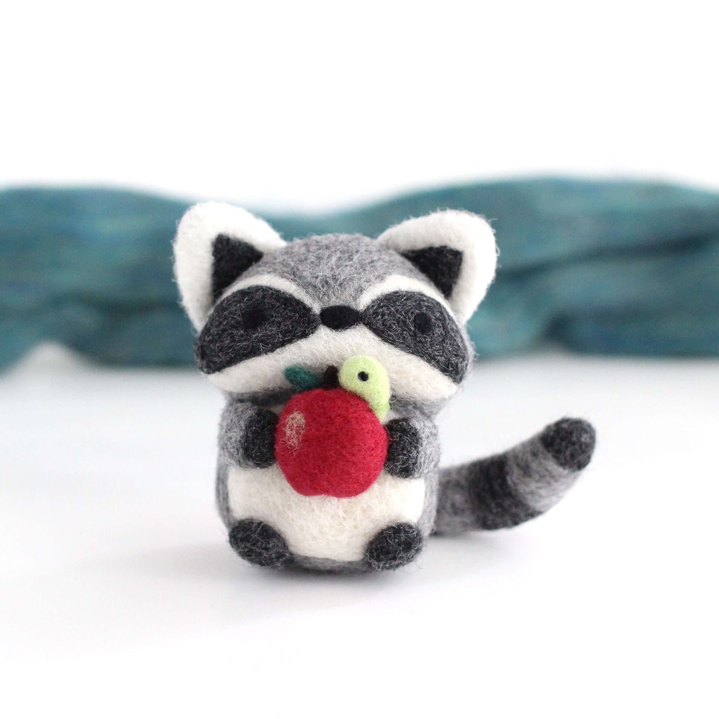 Needle Felted Raccoon holding Apple w/ Worm