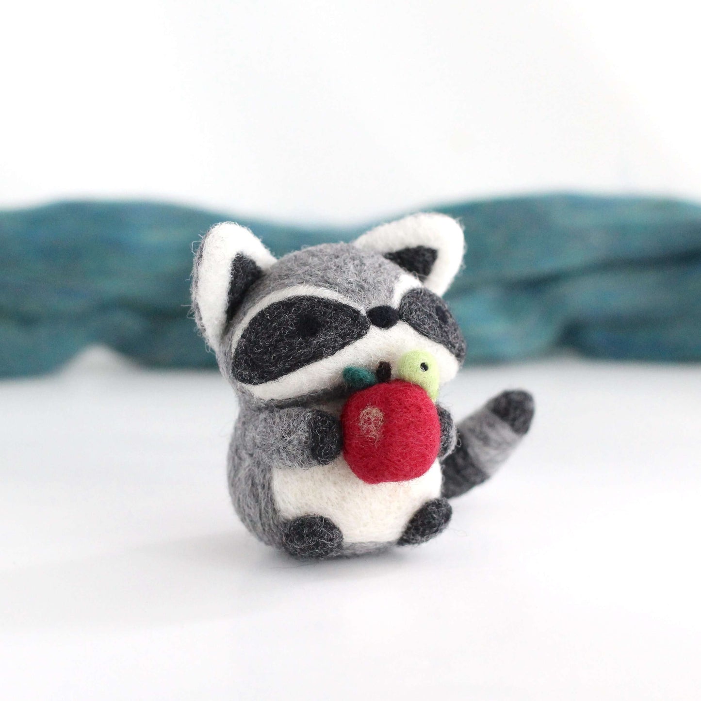 Needle Felted Raccoon holding Apple w/ Worm