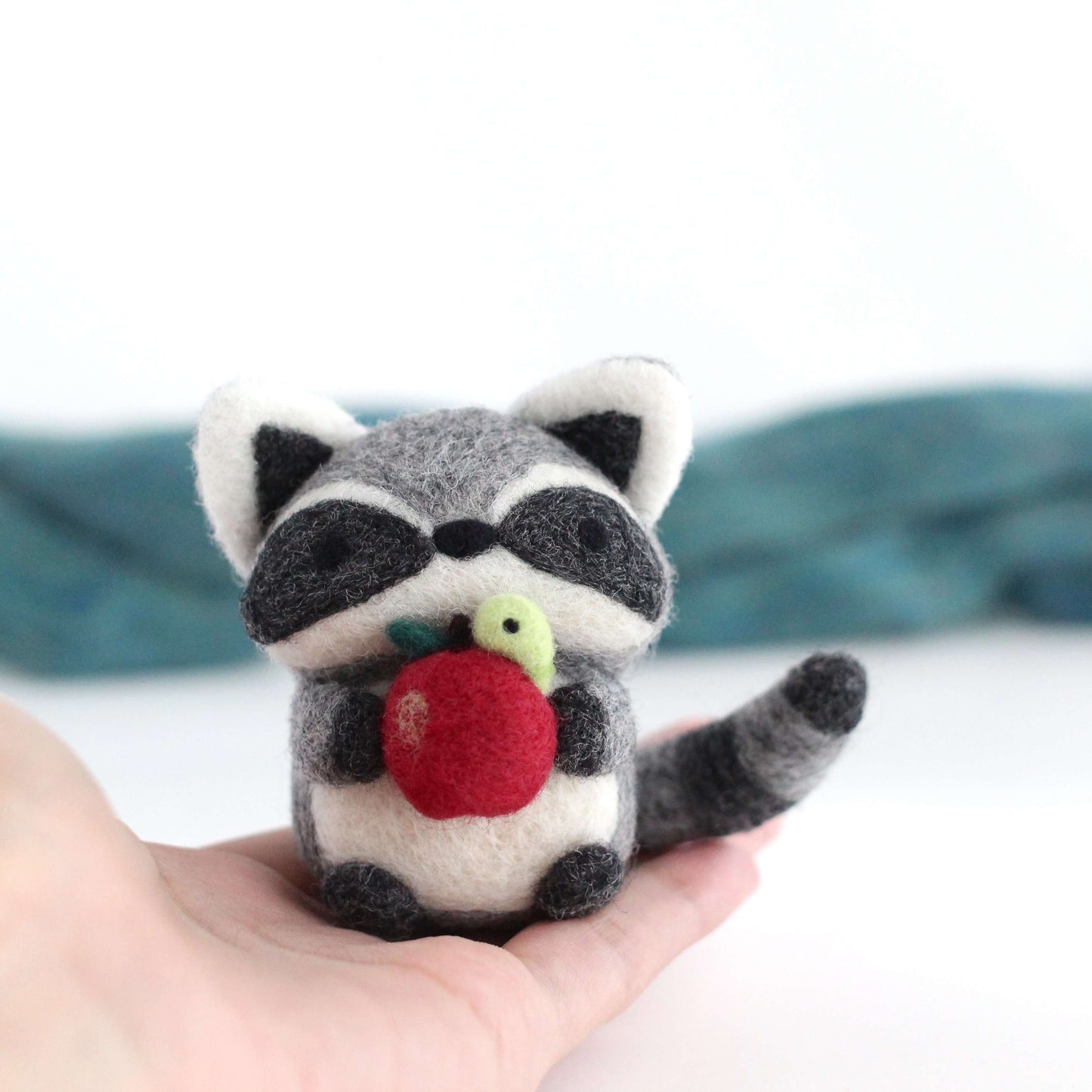 Needle Felted Raccoon holding Apple w/ Worm