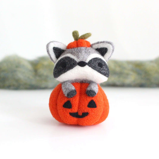 Needle Felted Raccoon in Jack-o'-Lantern