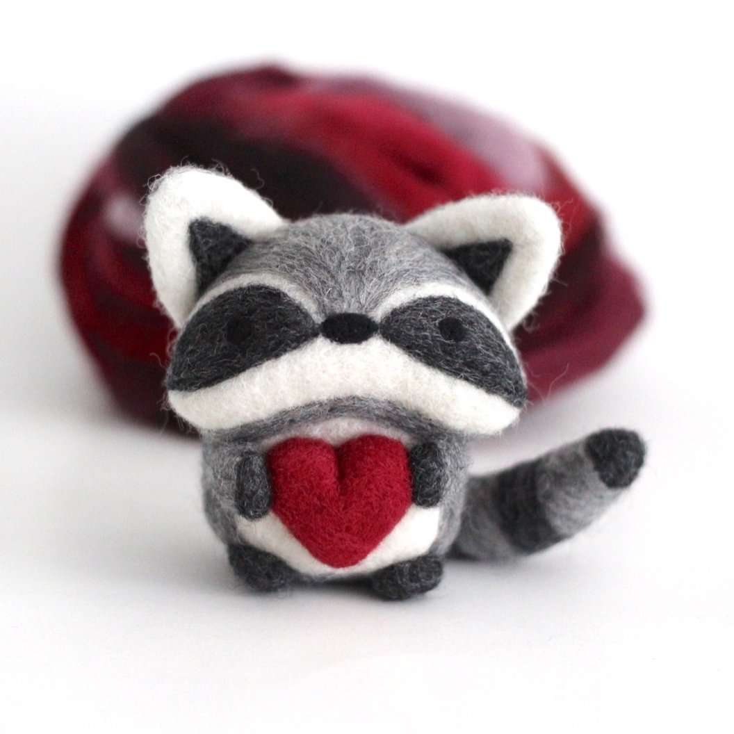 Needle Felted Raccoon w/ Heart