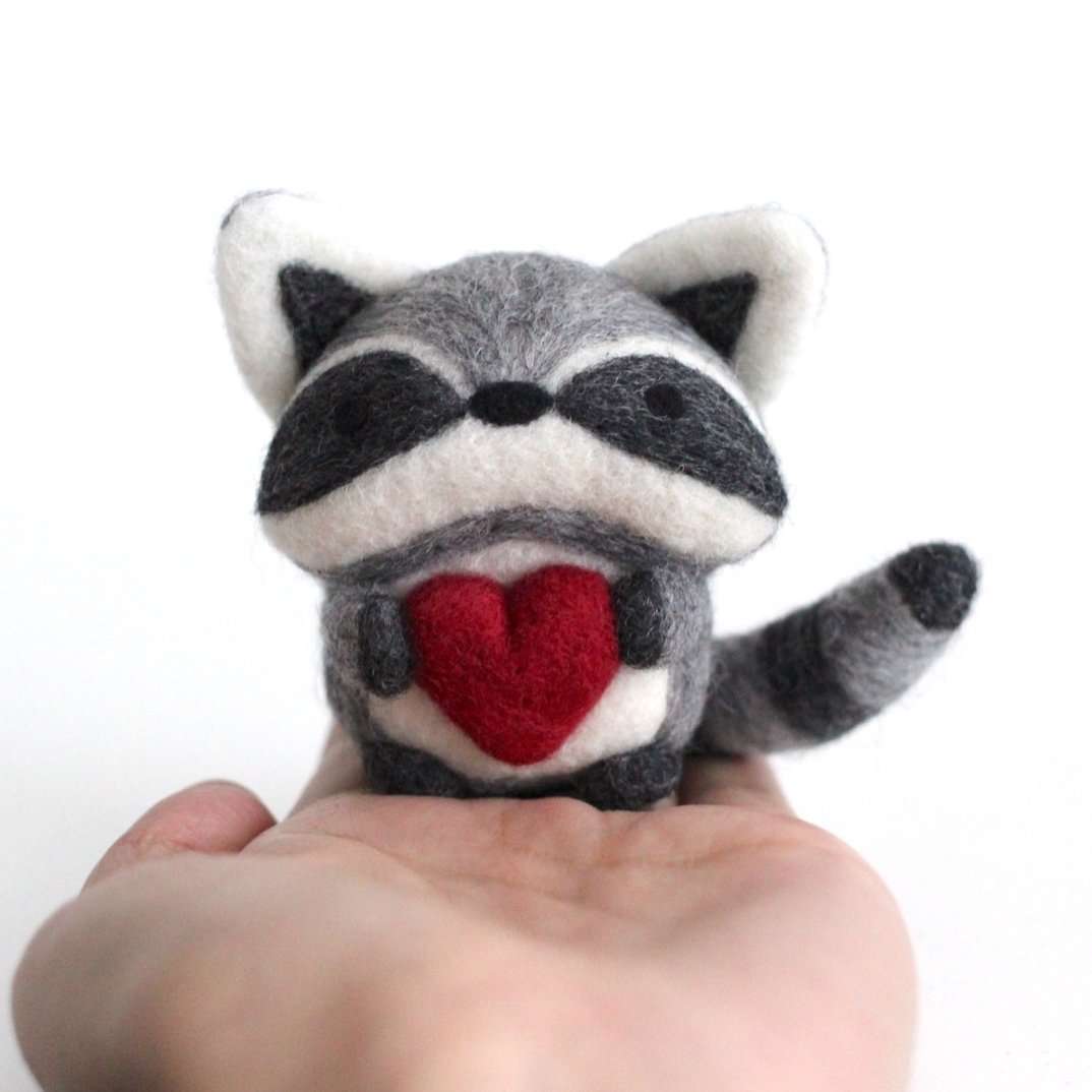 Needle Felted Raccoon w/ Heart
