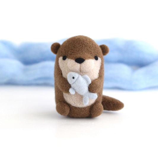 Needle Felted River Otter holding Fish