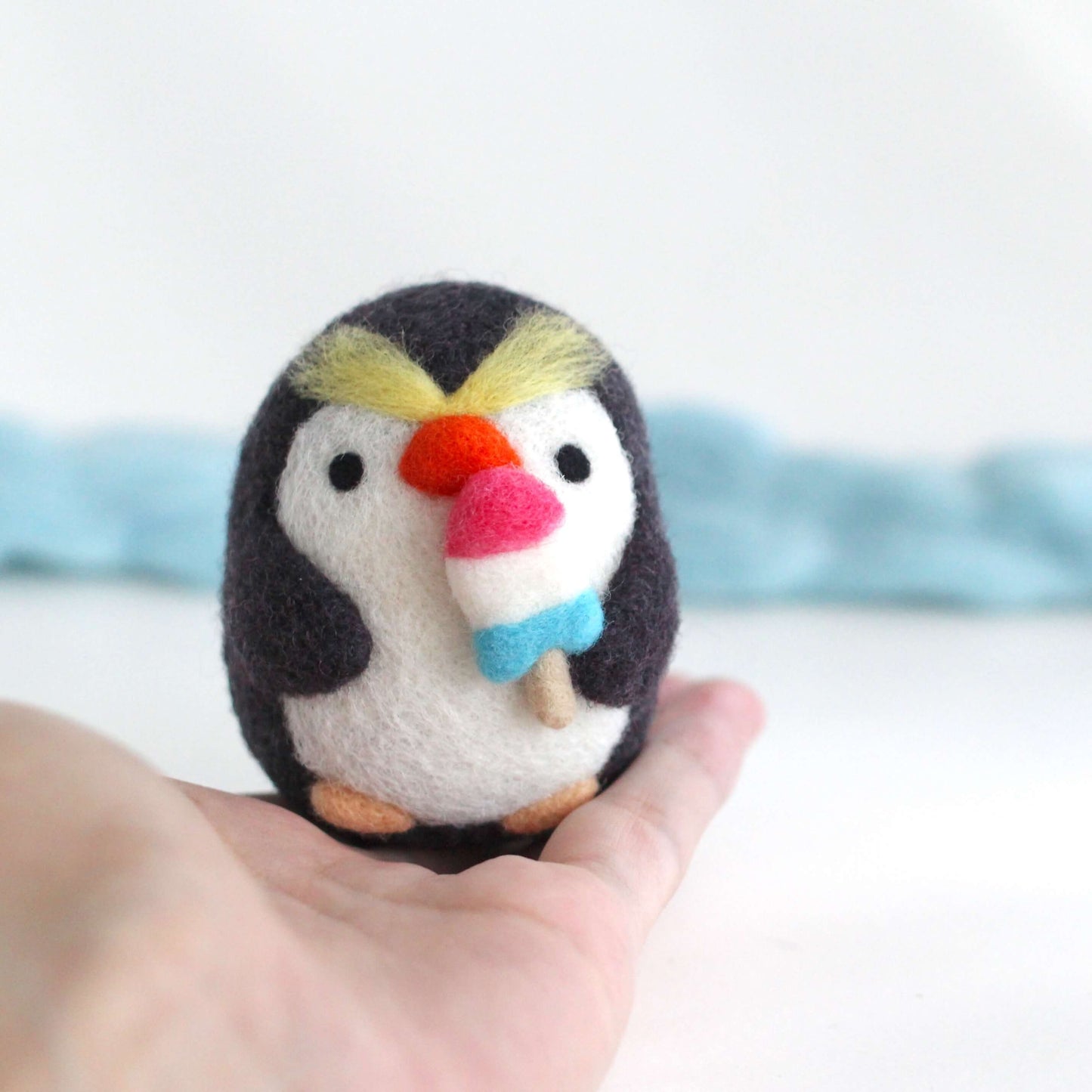 Needle Felted Royal Penguin with Rocket Fish Pop