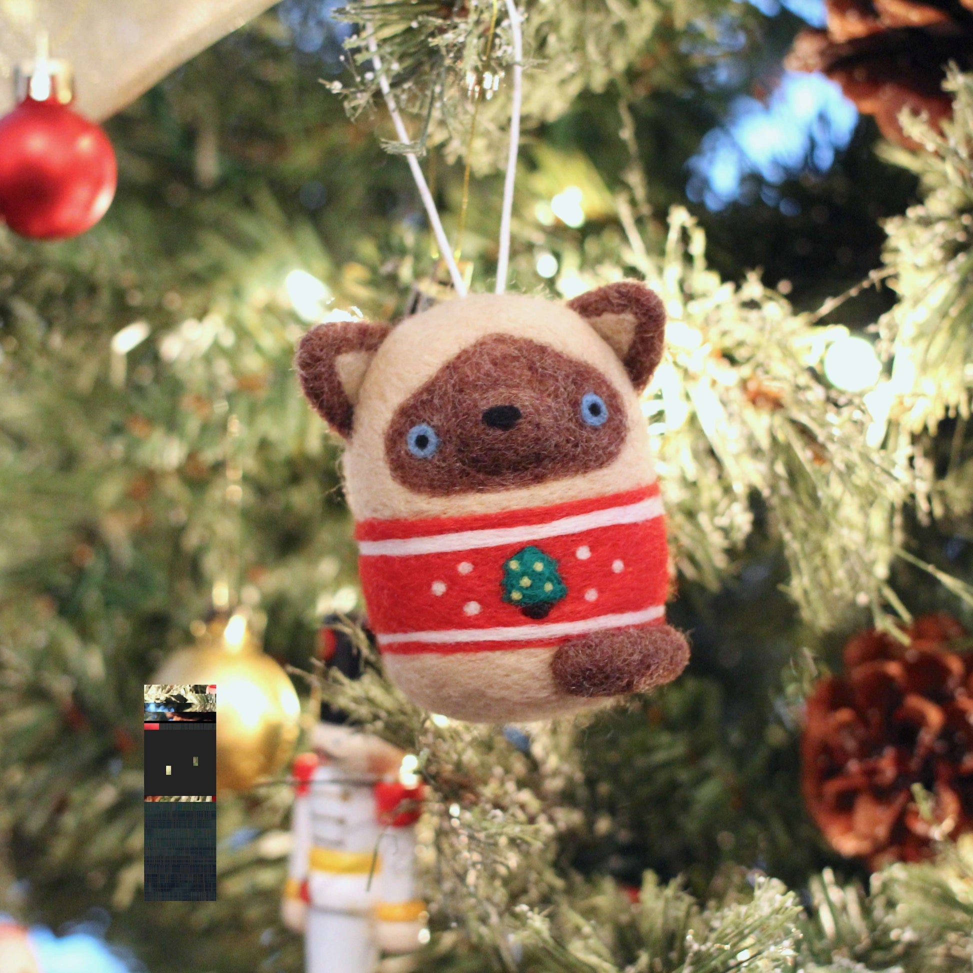 Needle Felted Siamese Cat in Christmas Tree Sweater