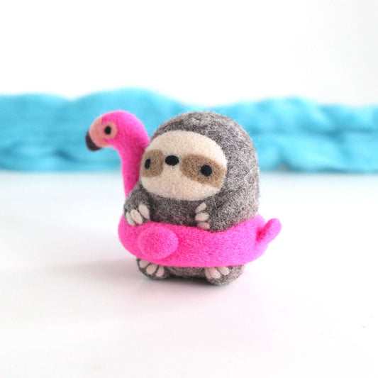 Needle Felted Sloth in a Flamingo Floatie