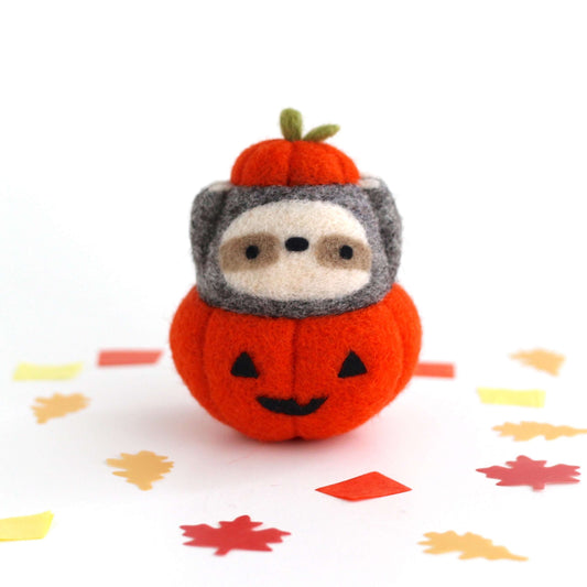 Needle Felted Sloth in Jack-o'-Lantern (Bright Orange Variant)