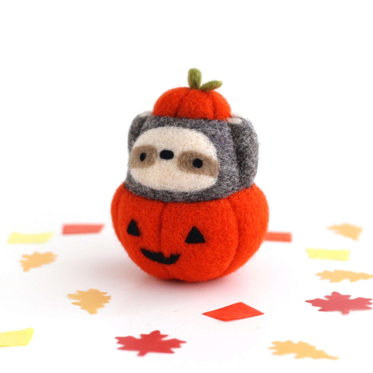 Needle Felted Sloth in Jack-o'-Lantern (Bright Orange Variant)