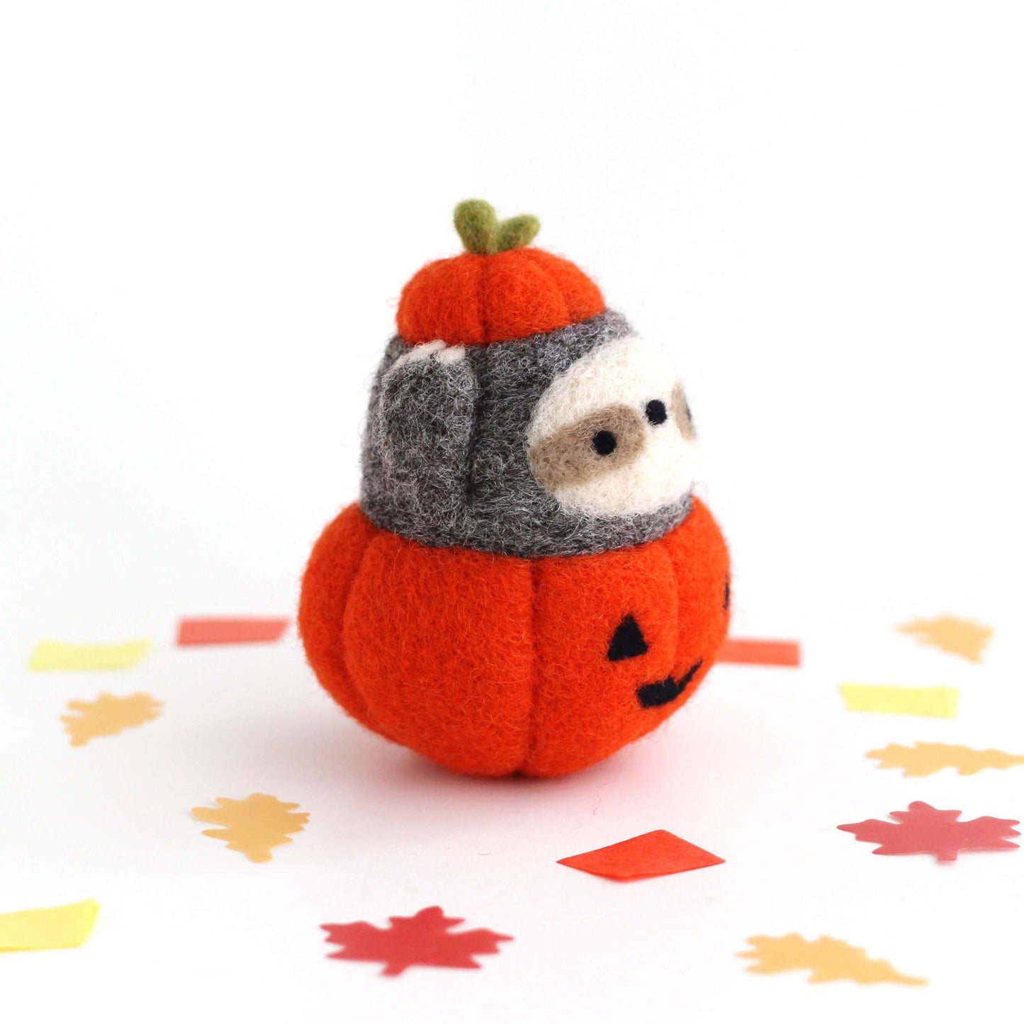 Needle Felted Sloth in Jack-o'-Lantern (Bright Orange Variant)