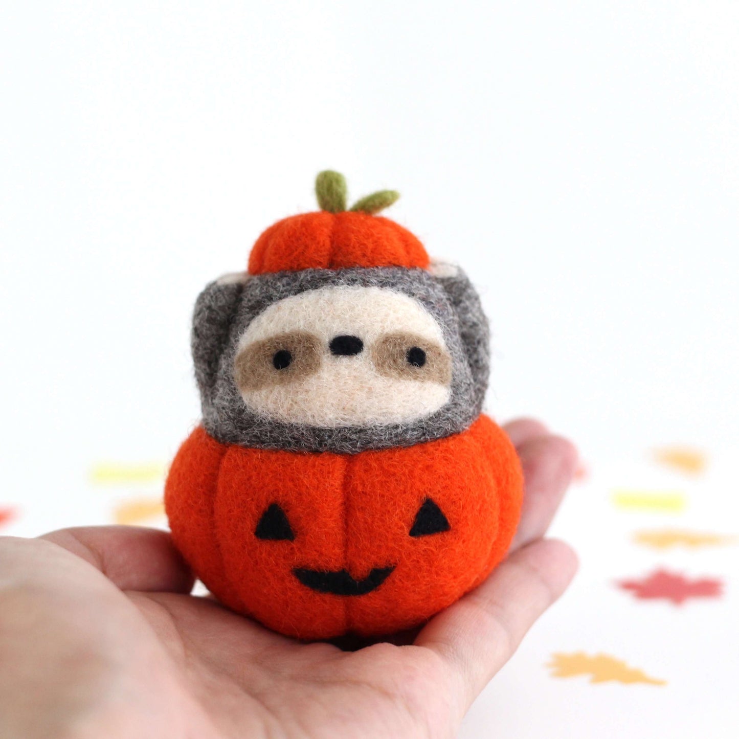 Needle Felted Sloth in Jack-o'-Lantern (Bright Orange Variant)