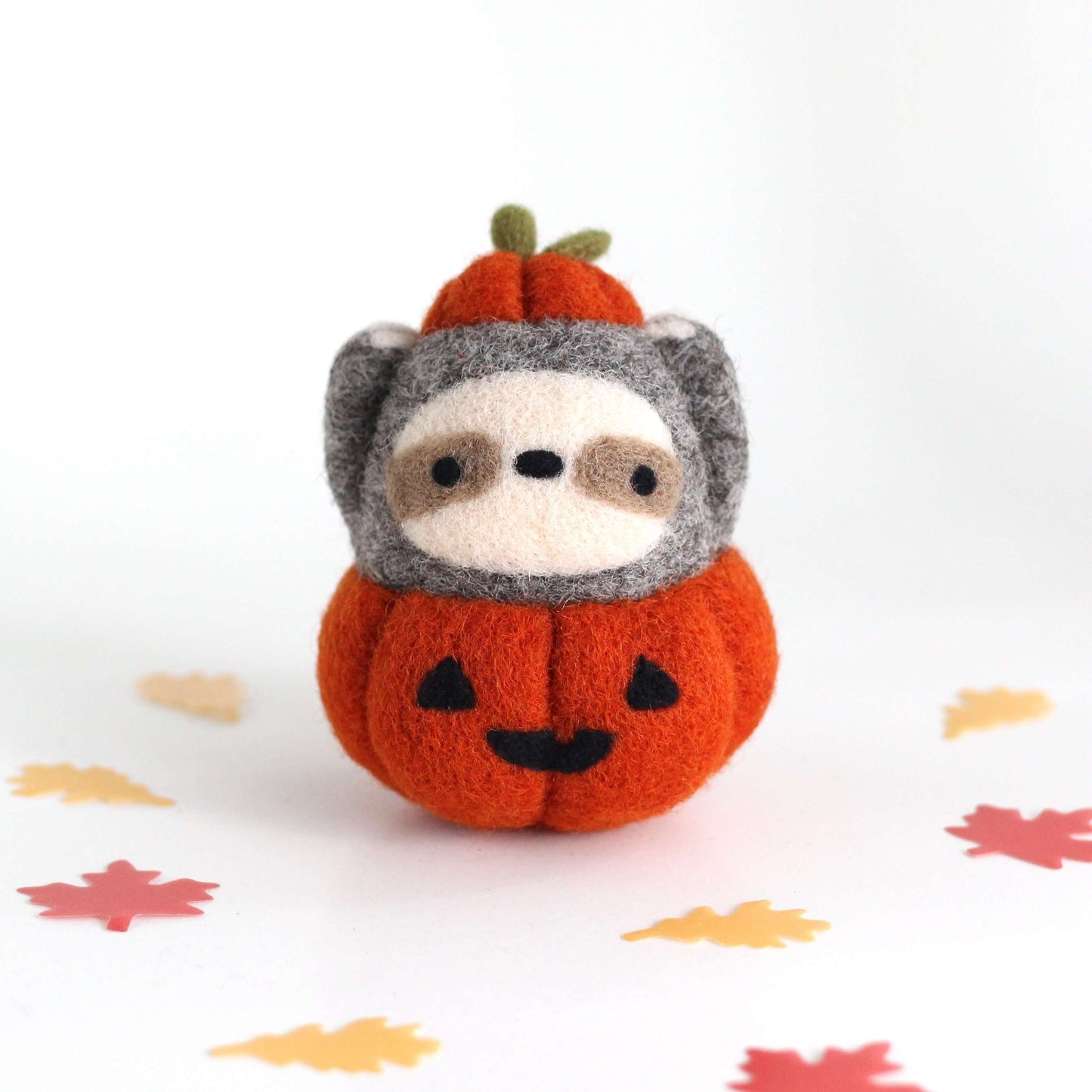 Needle Felted Sloth in Jack-o'-Lantern (Burnt Orange Variant)