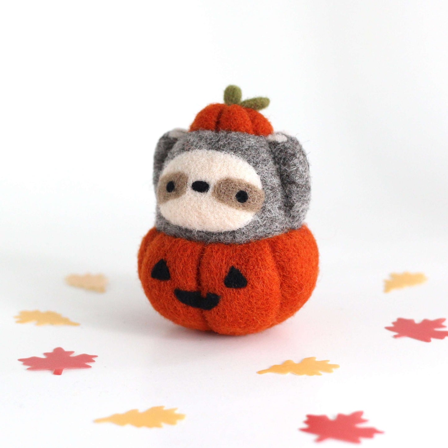 Needle Felted Sloth in Jack-o'-Lantern (Burnt Orange Variant)