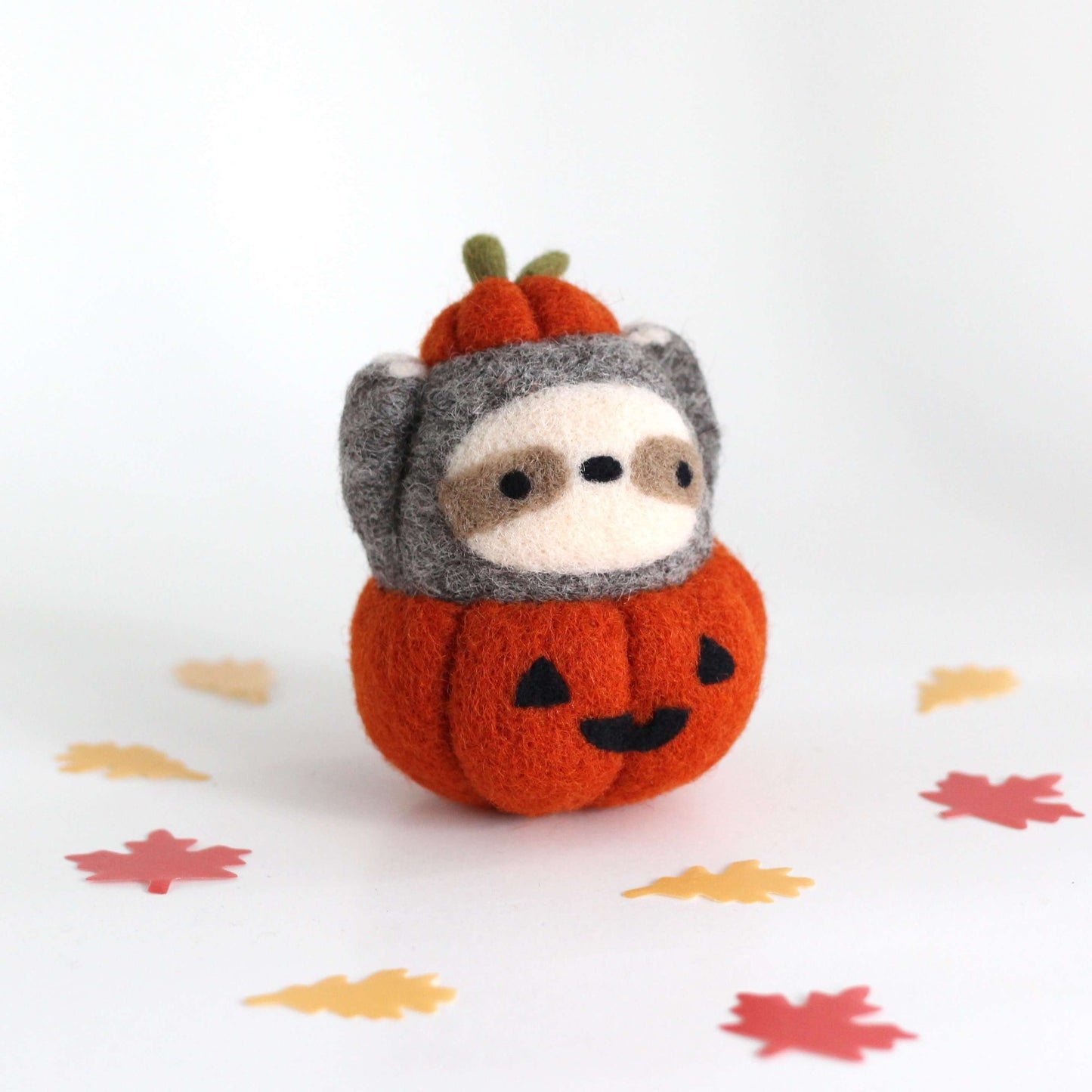 Needle Felted Sloth in Jack-o'-Lantern (Burnt Orange Variant)