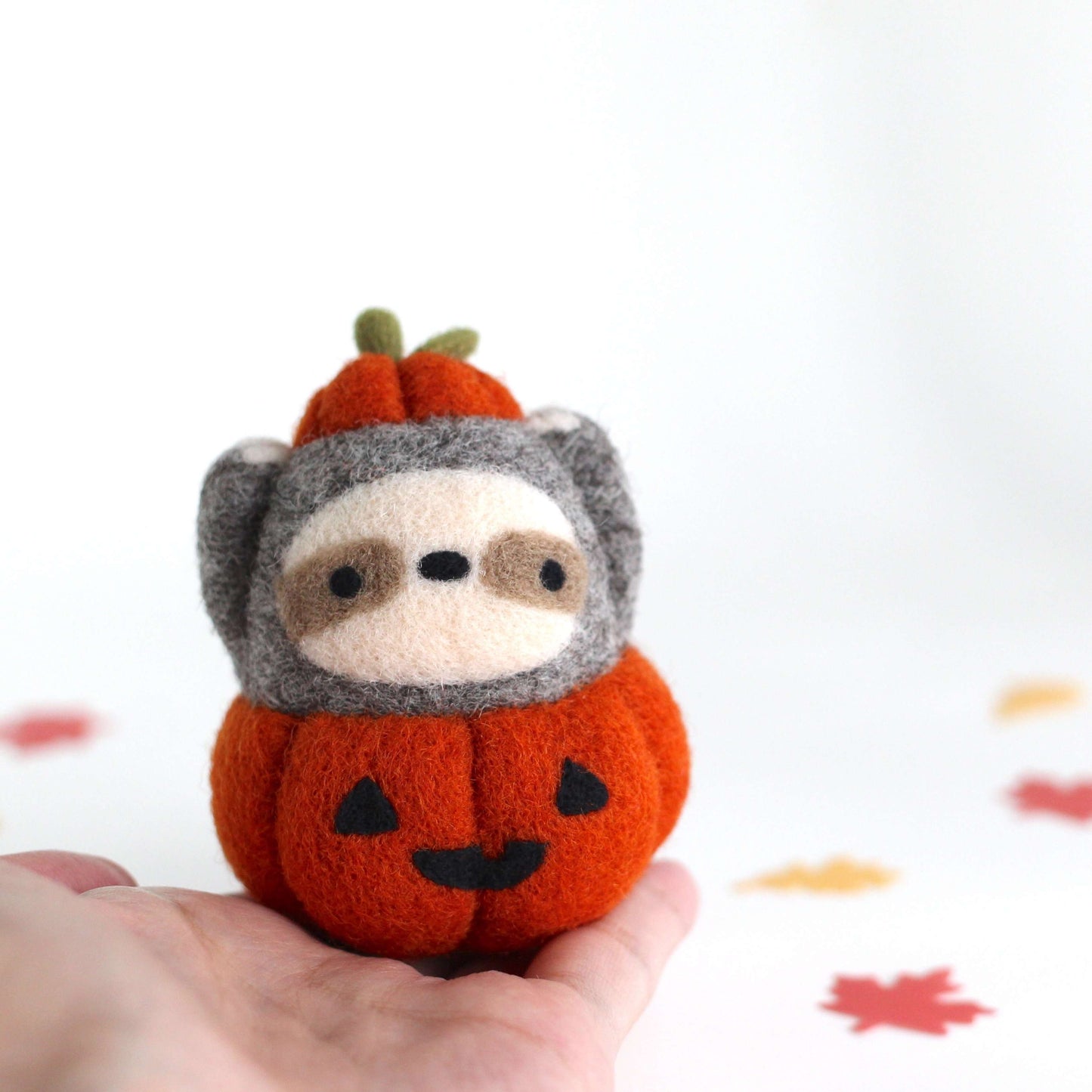 Needle Felted Sloth in Jack-o'-Lantern (Burnt Orange Variant)