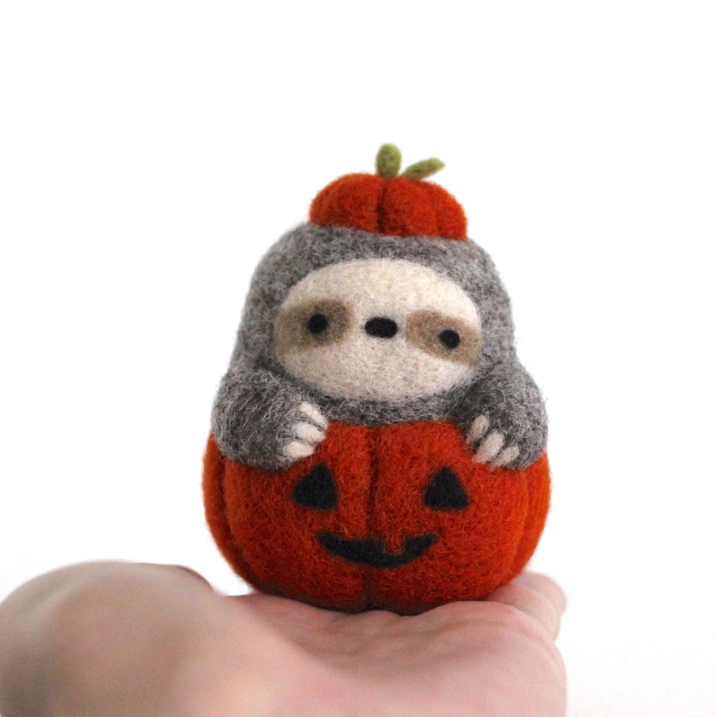 Needle Felted Sloth in Jack-o'-Lantern (Burnt Orange)