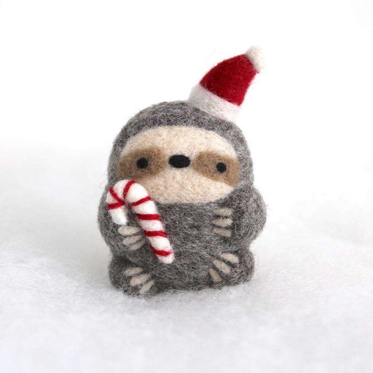 Needle Felted Sloth Ornament (w/ Candycane and Santa Hat)