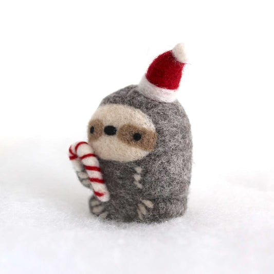 Needle Felted Sloth Ornament (w/ Candycane and Santa Hat)