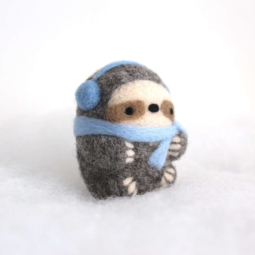 Needle Felted Sloth Ornament (w/ Earmuffs and Blue Scarf)