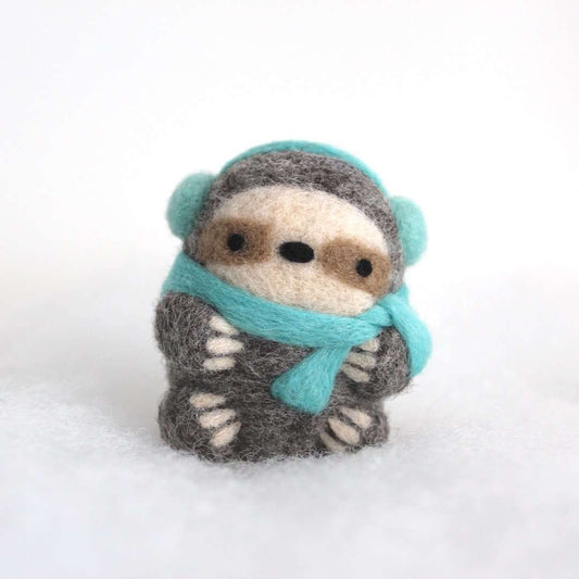 Needle Felted Sloth Ornament (w/ Earmuffs and Turquoise Scarf)