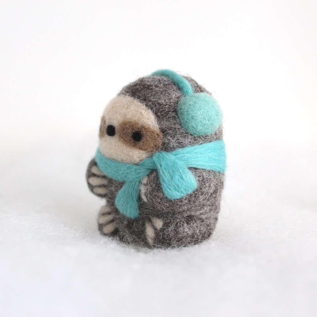 Needle Felted Sloth Ornament (w/ Earmuffs and Turquoise Scarf)