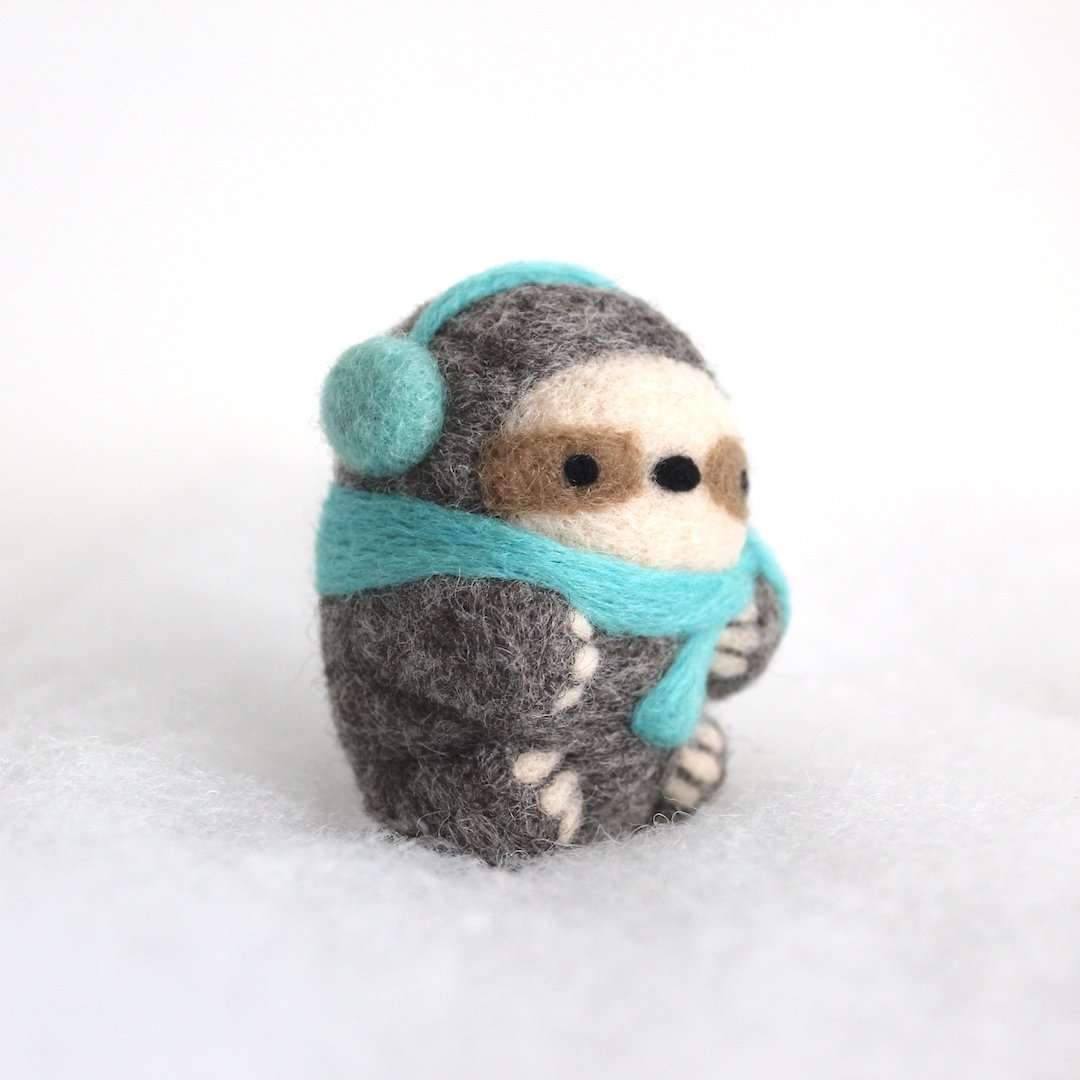 Needle Felted Sloth Ornament (w/ Earmuffs and Turquoise Scarf)