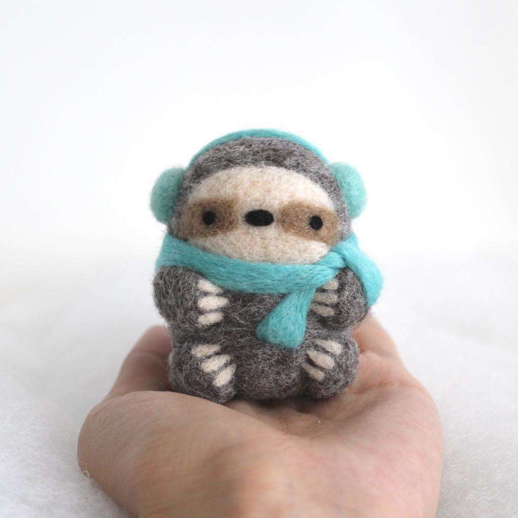 Needle Felted Sloth Ornament (w/ Earmuffs and Turquoise Scarf)