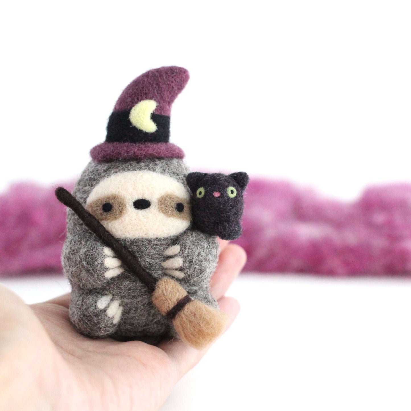 Needle Felted Sloth Witch with Kitty Familiar by Wild Whimsy Woolies