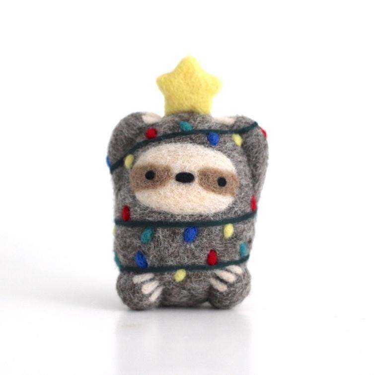 Needle Felted Sloth with Christmas Lights and Star
