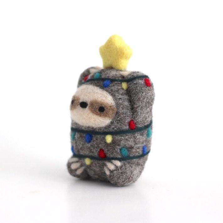 Needle Felted Sloth with Christmas Lights and Star