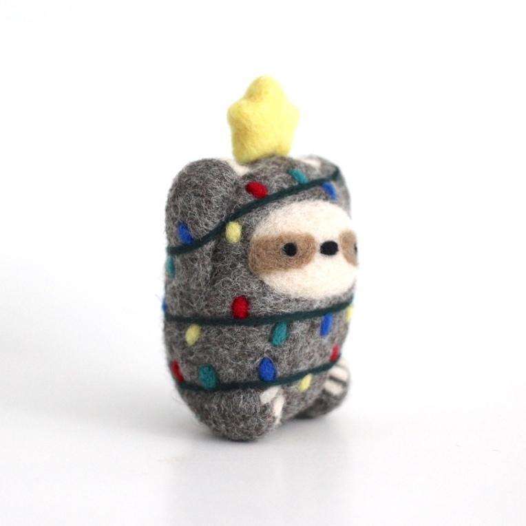 Needle Felted Sloth with Christmas Lights and Star