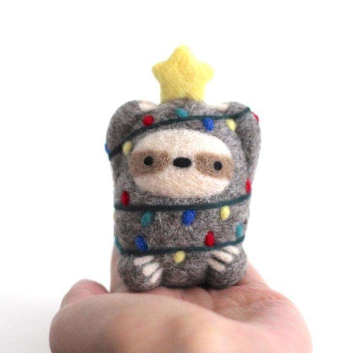 Needle Felted Sloth with Christmas Lights and Star