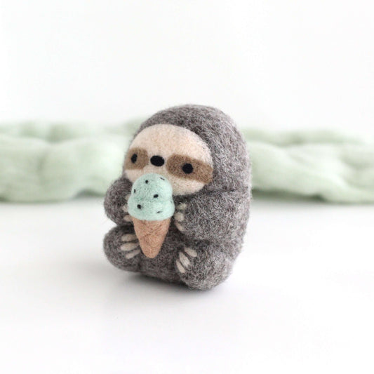 Needle Felted Sloth with Mint Chocolate Chip Ice Cream