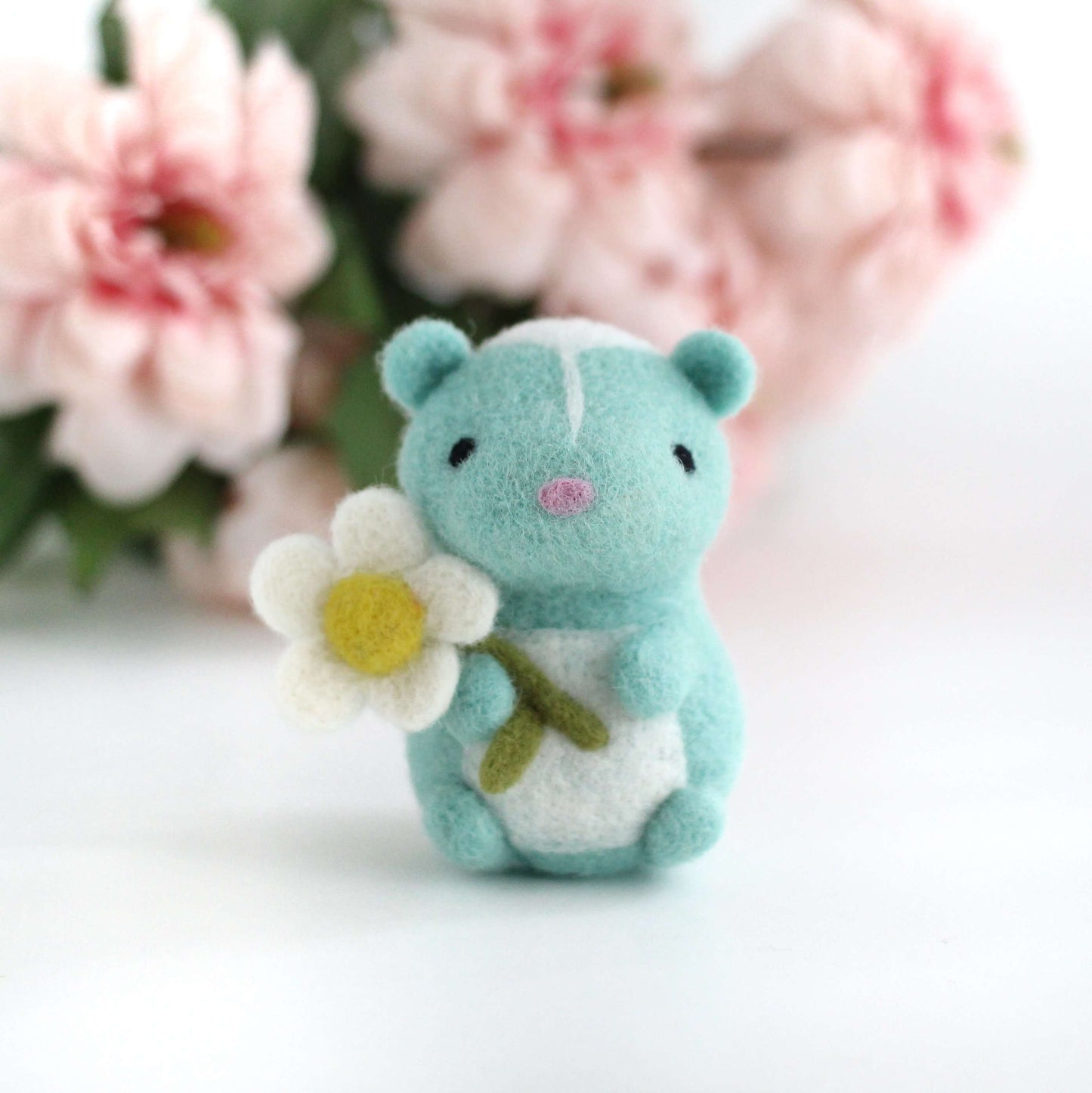 Needle Felted Turquoise Skunk with Daisy
