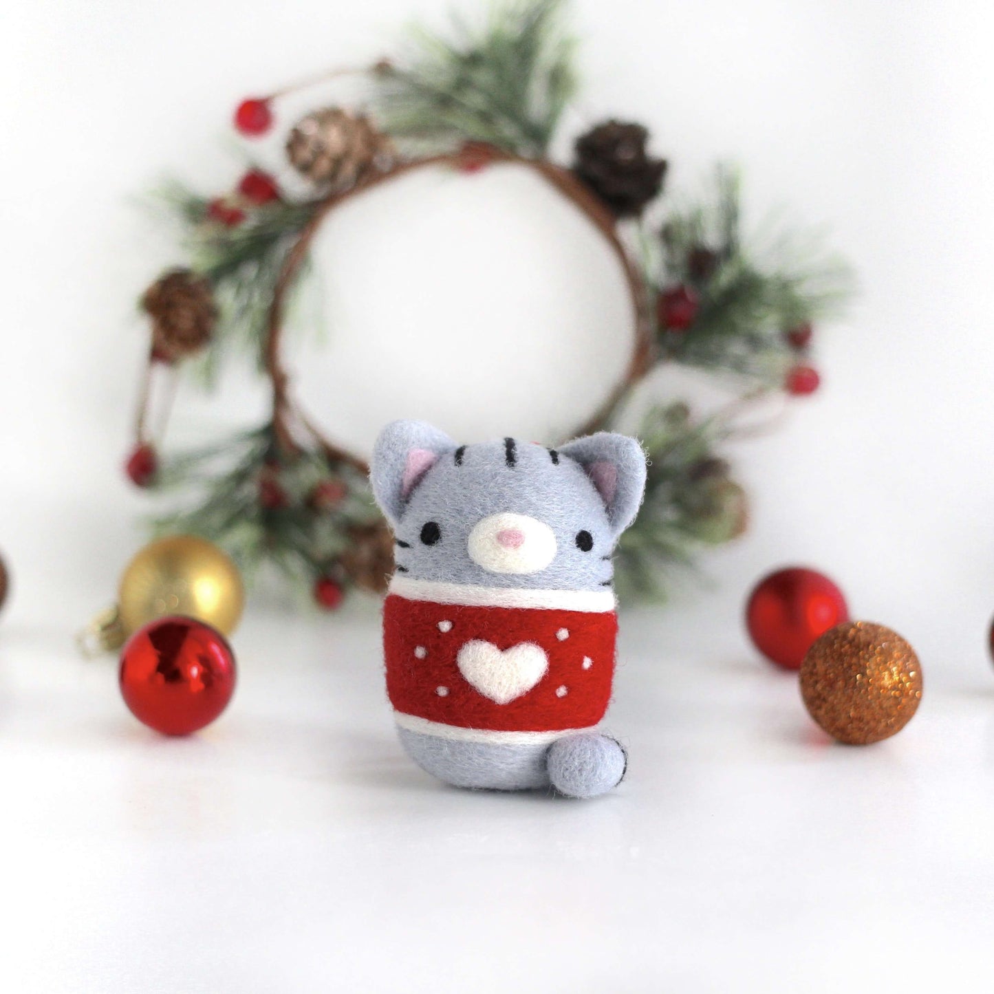 Needle Felting Kit: Christmas Sweater Cat Ornament (Grey Tabby) - DIY Felting Kit