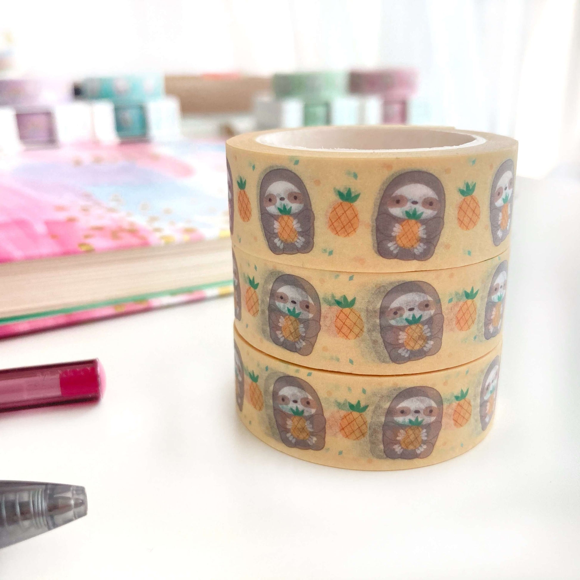 Pineapple Sloth Washi Tape - Fruit Washi Roll - Cute Sloth Stationery