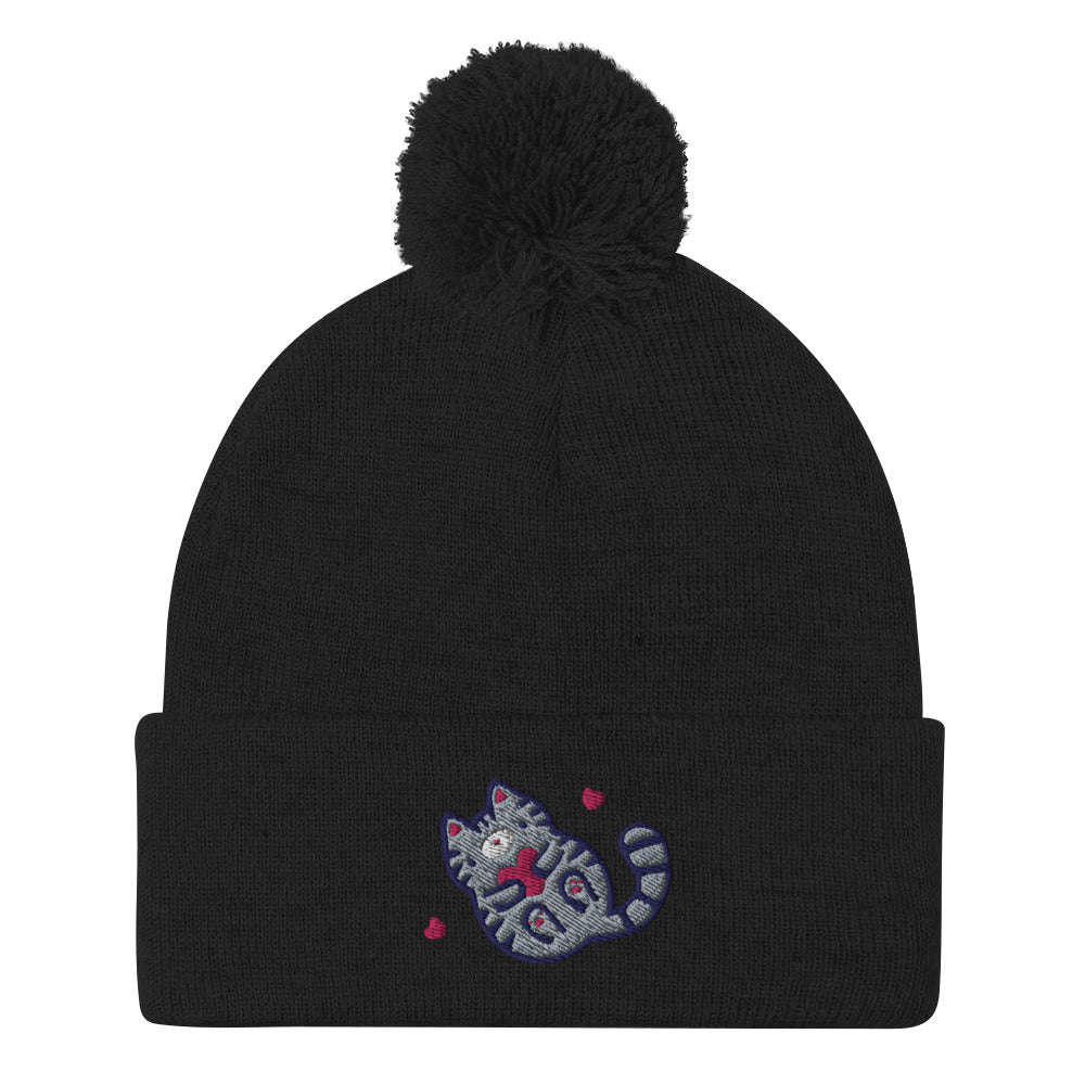 Grey Tabby Cat Pom-pom Beanie. Embroidered Kitten / Kitty Toque: Black