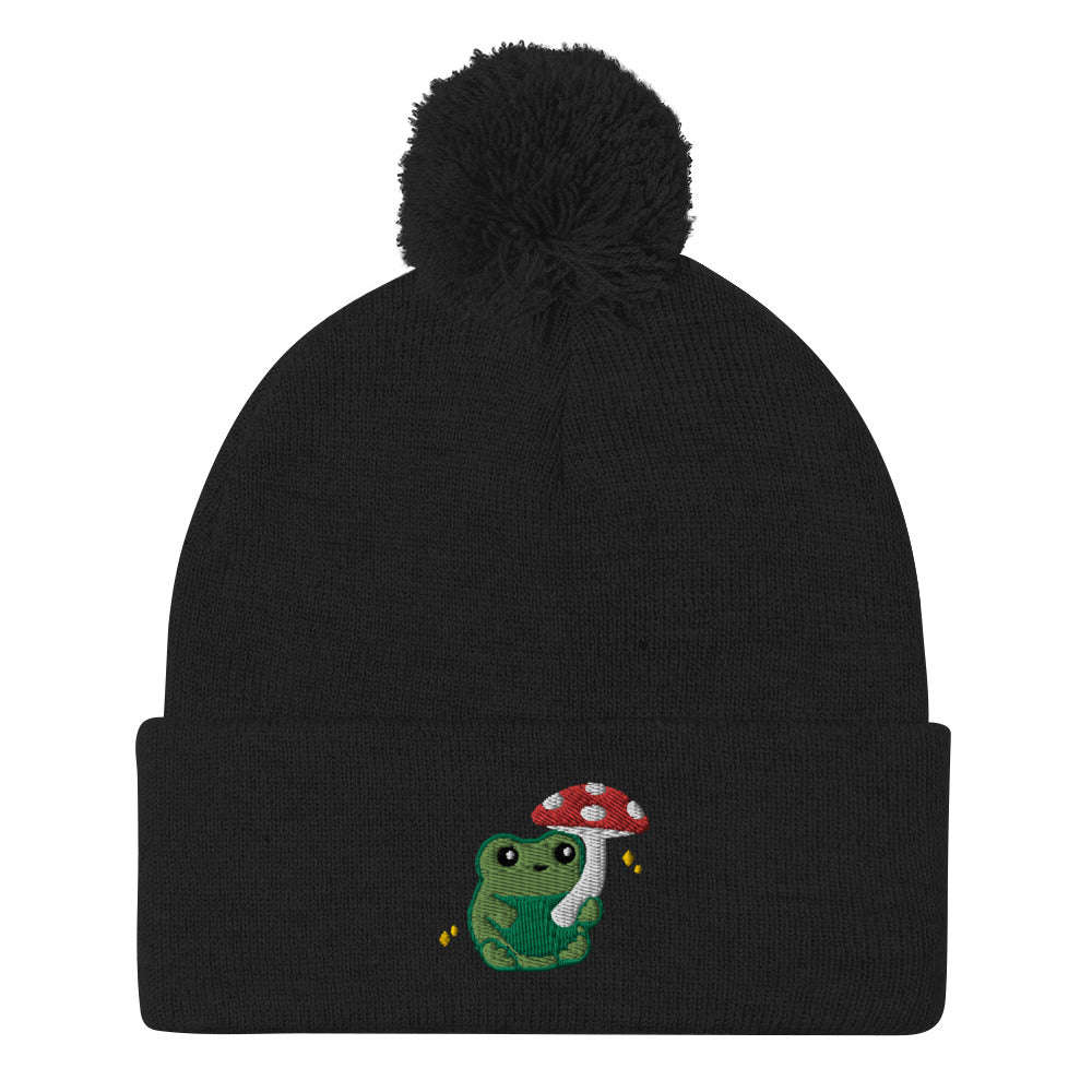 Pom-pom Beanie with Green Frog holding Mushroom Umbrella: Black
